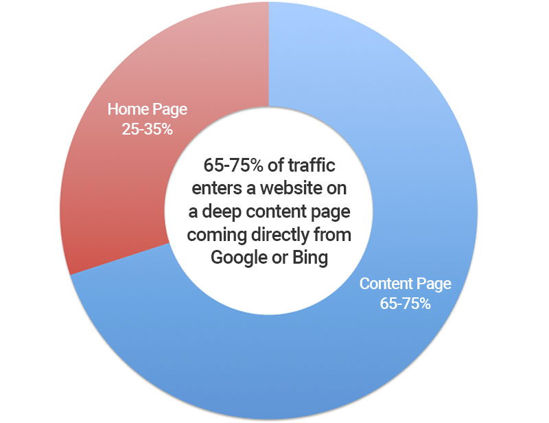 pie chart showing 35% go to home page and 65% go to content pages